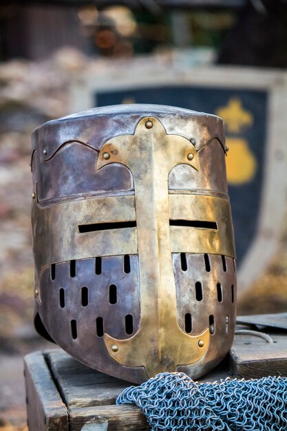 Photo close up view of a medieval knight great helmet.