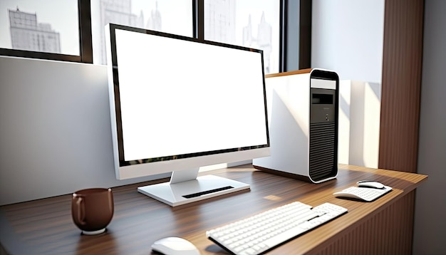 Close up view of mock up desktop computer with stationery on wooden table with sunset lighting Generative AI