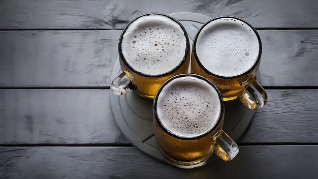 Photo close up view of mugs of cold beer with foam on grey background