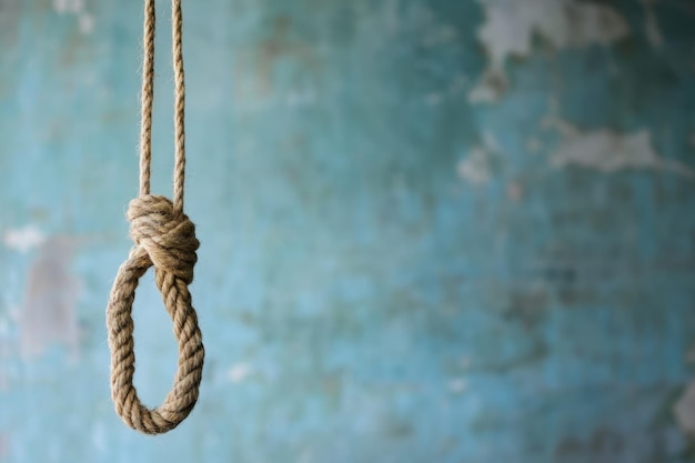 Photo a close up view of a noose made from natural rope hanging against a textured blue wall in dim light