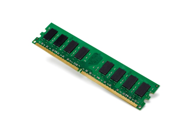 Close up view of a personal computer memory chip isolated on a white background.