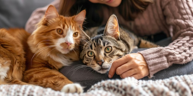 Photo the close up view of pets like cat that has been holding by a human hand aig51