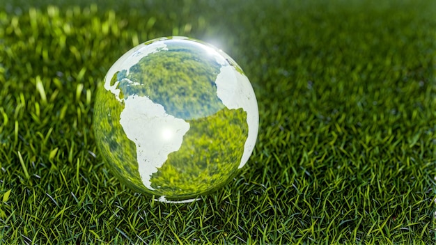 Photo close up view of planet earth crystal ball on a green field with light reflection 3d rendering