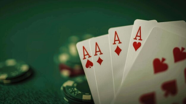 Close up view of playing cards on a table suitable for gambling and entertainment concepts