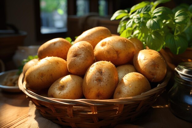 Close up view of the potato basket on the wooden bottom with a copy space generative IA