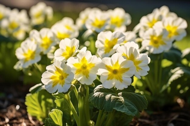 Close up view of primrose flowers with shallow depth of field