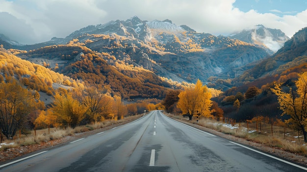 Close up view of a road through the mountains in autumn time