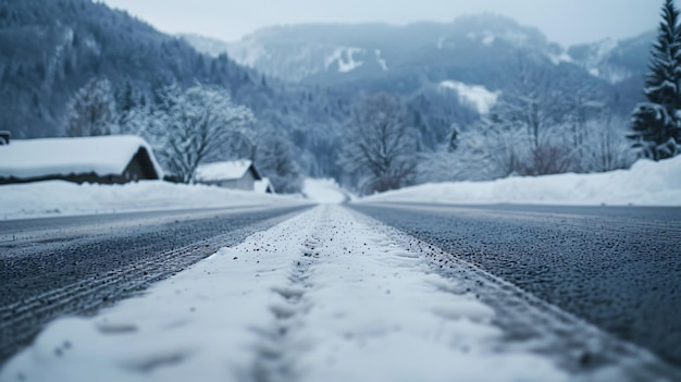 Close up view of a road through the mountains in winter time