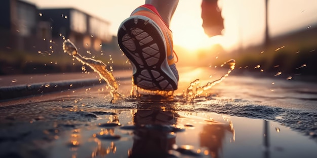 Close up view of runner sport shoes sprint running on track