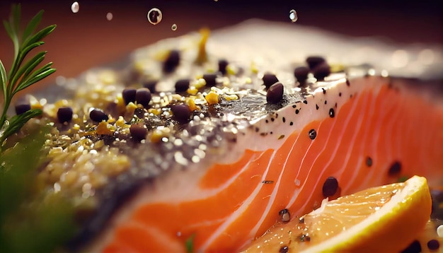 Close up view of salmon's fillet in a marinade with spices with Generative AI Technology