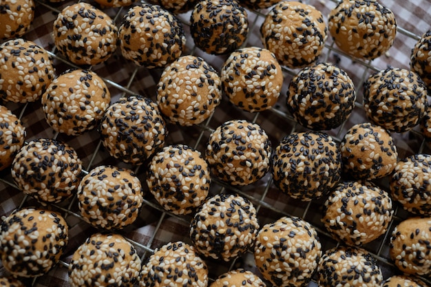 Close-up view of sesame seed rounded cookies