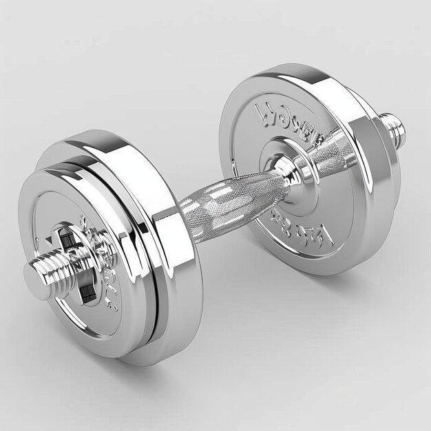 Close up view of a single dumbbell with neatly stacked and polished weight plates