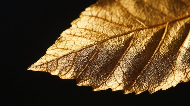 Photo close up view of a single gold leaf against a dark backdrop