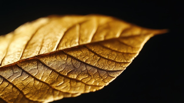 Photo close up view of a single gold leaf against a dark backdrop