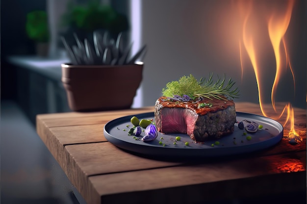 Close up view of succulent steak against studio kitchen table