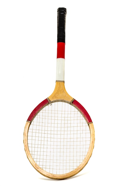 Close up view of a tennis racket isolated on a white background.