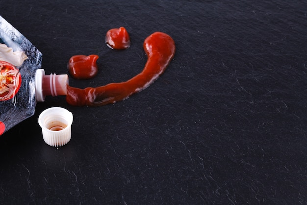 Close up view of tomato ketchup on slate board