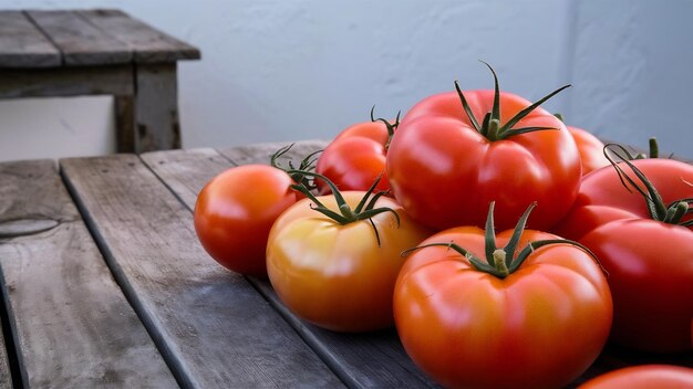 Close up view of tomatoes on wooden table with copy space