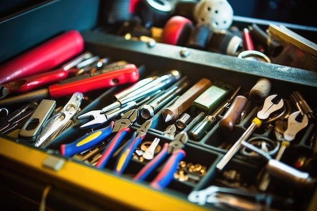 Close up view of a toolbox at a mechanic's shop focusing on the tools inside Generative AI