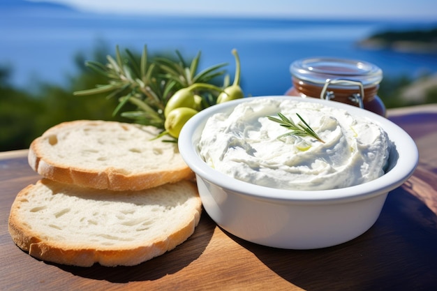 Close up view of tzatziki on Greek table sea in background