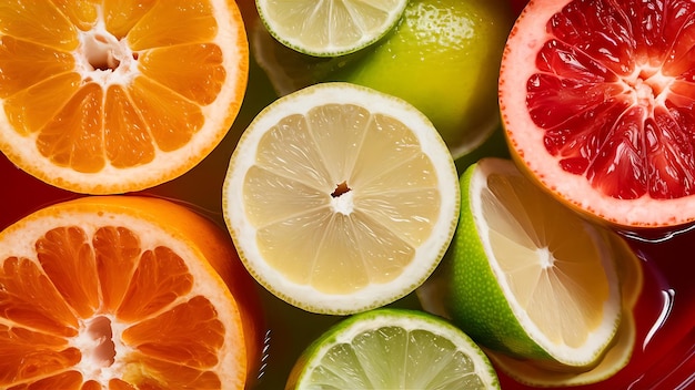 Close up view of variety of fresh citrus fruits slices