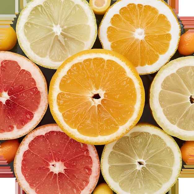 Close up view of variety of fresh citrus fruits slices