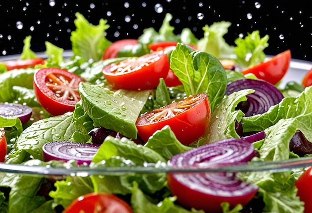 Photo close up view of vetegables salad with water splash on a black background