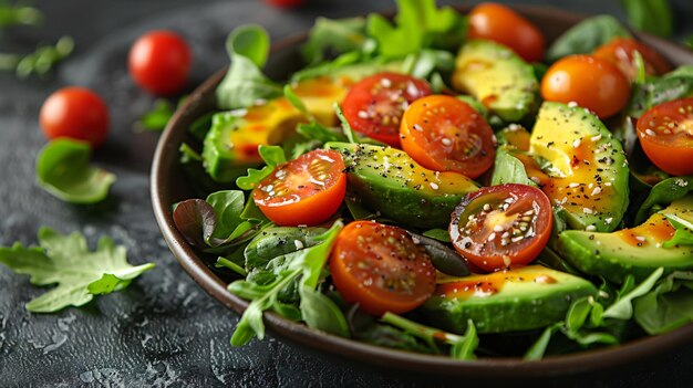 Close up view of a vibrant salad featuring avocado slices mixed greens cherry tomatoes