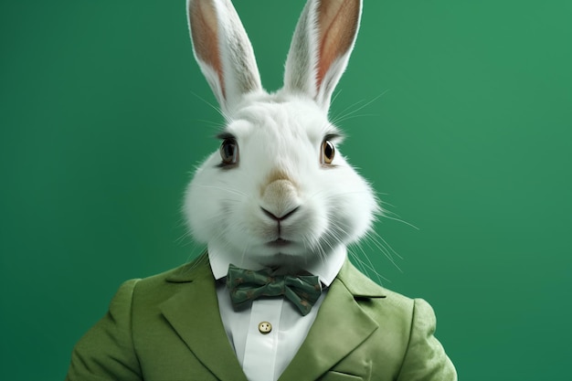 Close up view on a white rabbit in suit and bowtie on a green background Easter concept