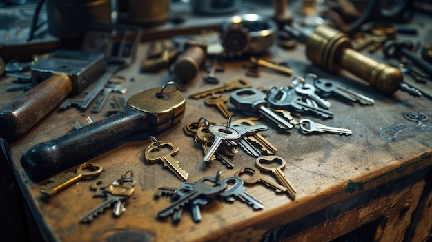 Photo the close up view of wood table in workshop that fill with lock and tool aig