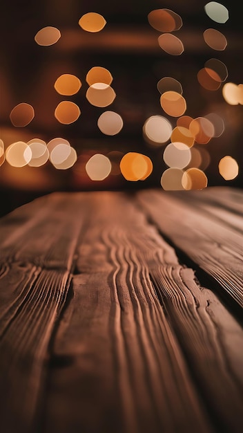 Photo close up view of wooden tabletop and defocused bokeh lights backdrop