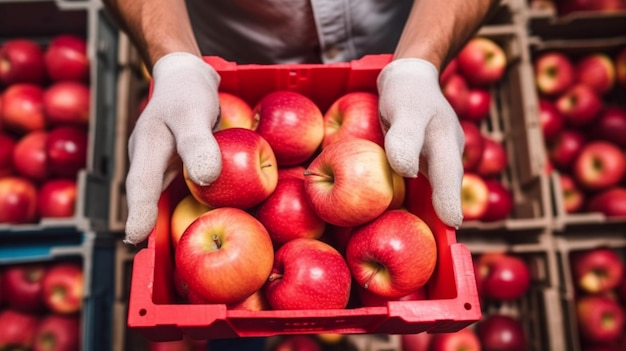 Close up view of worker holding crate of apples