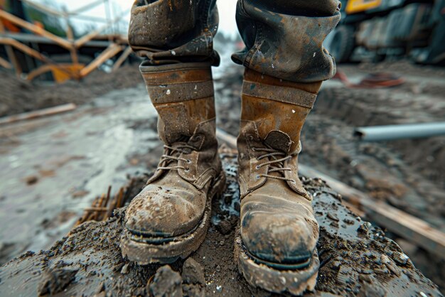 The close up view of worker walk in construction site and safety shoes aig