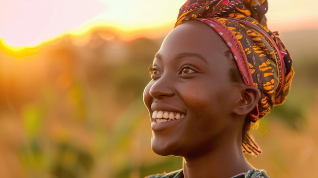 Close up view of a young African woman standing and smiling at sunset on the African savanna Ai generated image