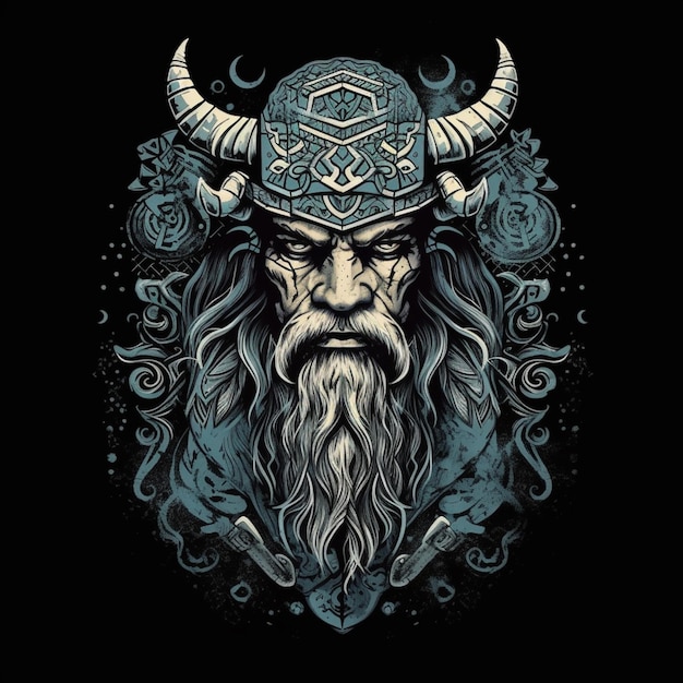 A close up of a viking with a horned head and a beard generative ai