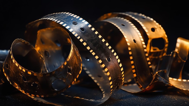 Close up of a vintage film reel with a warm golden glow