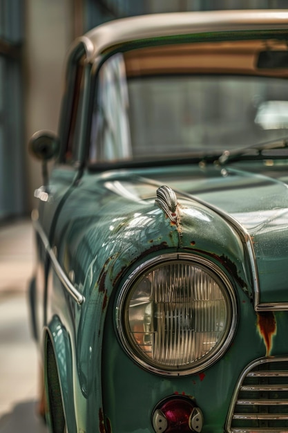 Close up of a vintage green car ideal for automotive concepts