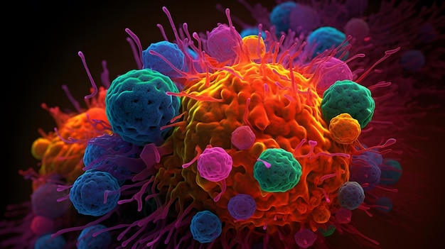 A close up of a virus cell with a colorful pattern.