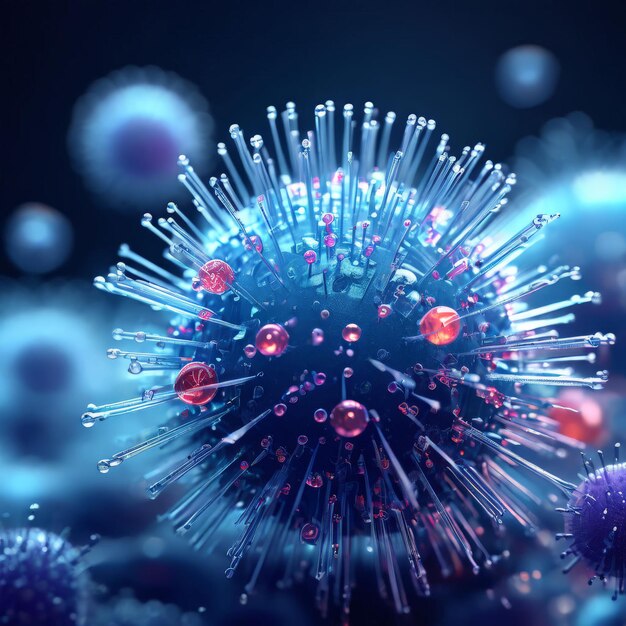 a close up of a virus with a blue background