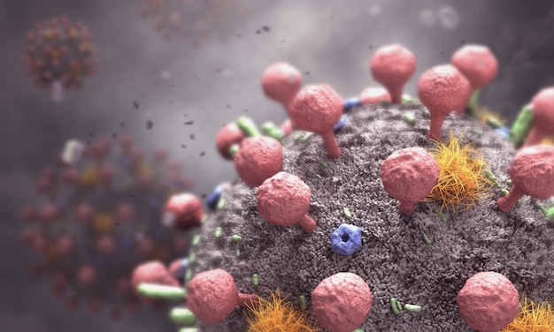 A close up of a virus with pink balls on the end.