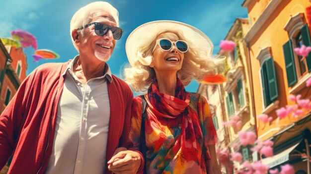 Close up vivid portrait of an elderly couple happy man and woman traveling Elderly travelers Happy old age Tourist season emotional old people AI generated image