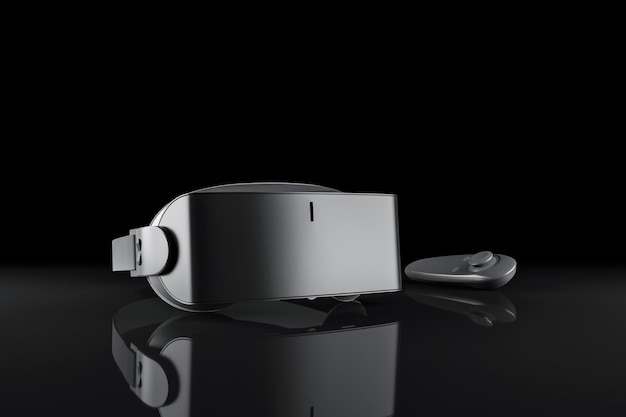 Close up of VR glasses with joystick on black background with reflections.