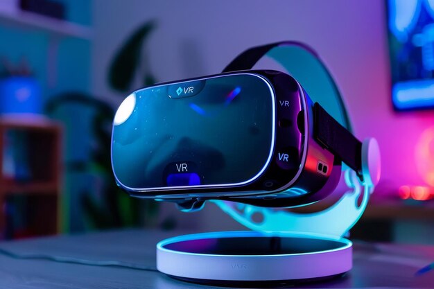 Close up of a VR headset in a futuristic setting with neon lights