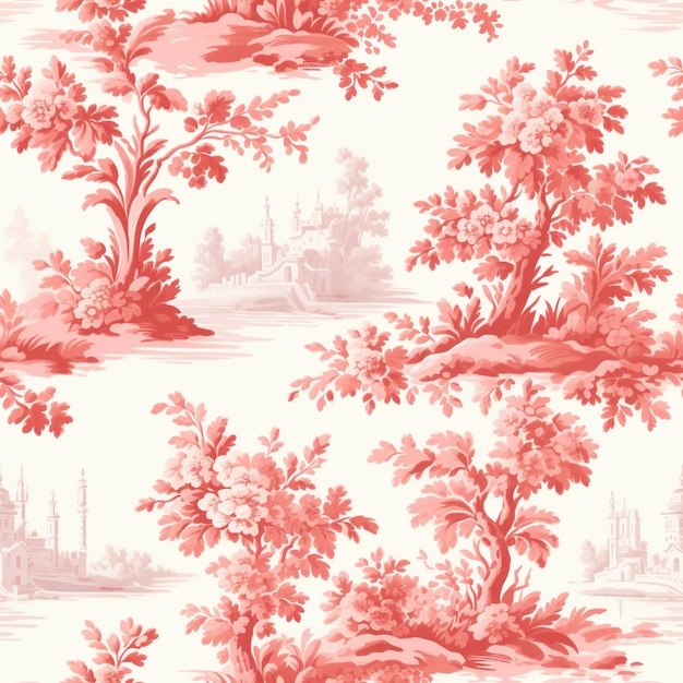 a close up of a wallpaper with a pattern of trees and flowers generative ai