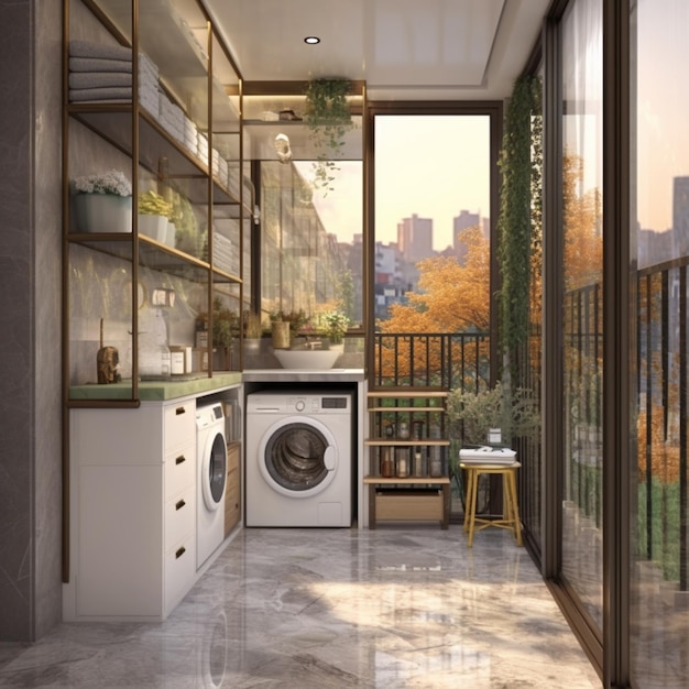 a close up of a washer and dryer in a room with a balcony generative ai