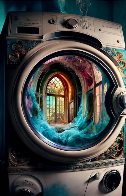 Close up of washing machine with window in the background generative ai