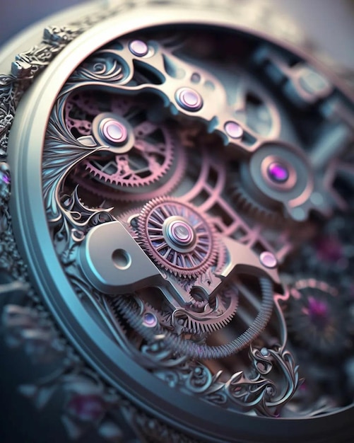 A close up of a watch with gears and gears