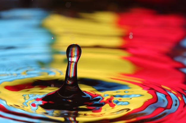 close up of a water drop falling and impact with a body of water