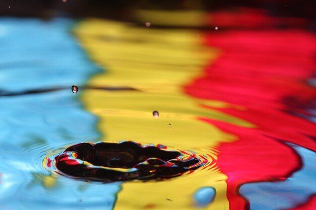 close up of a water drop falling and impact with a body of water