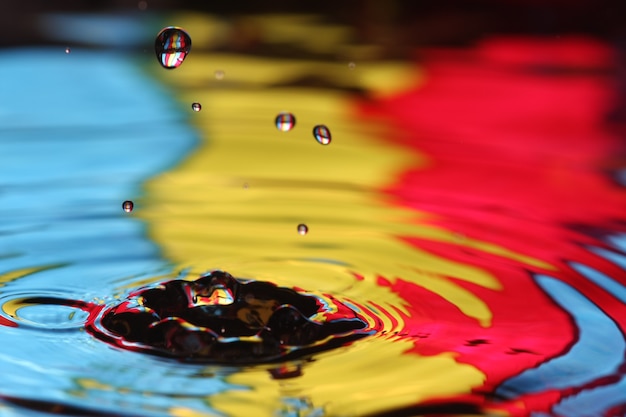 close up of a water drop falling and impact with a body of water